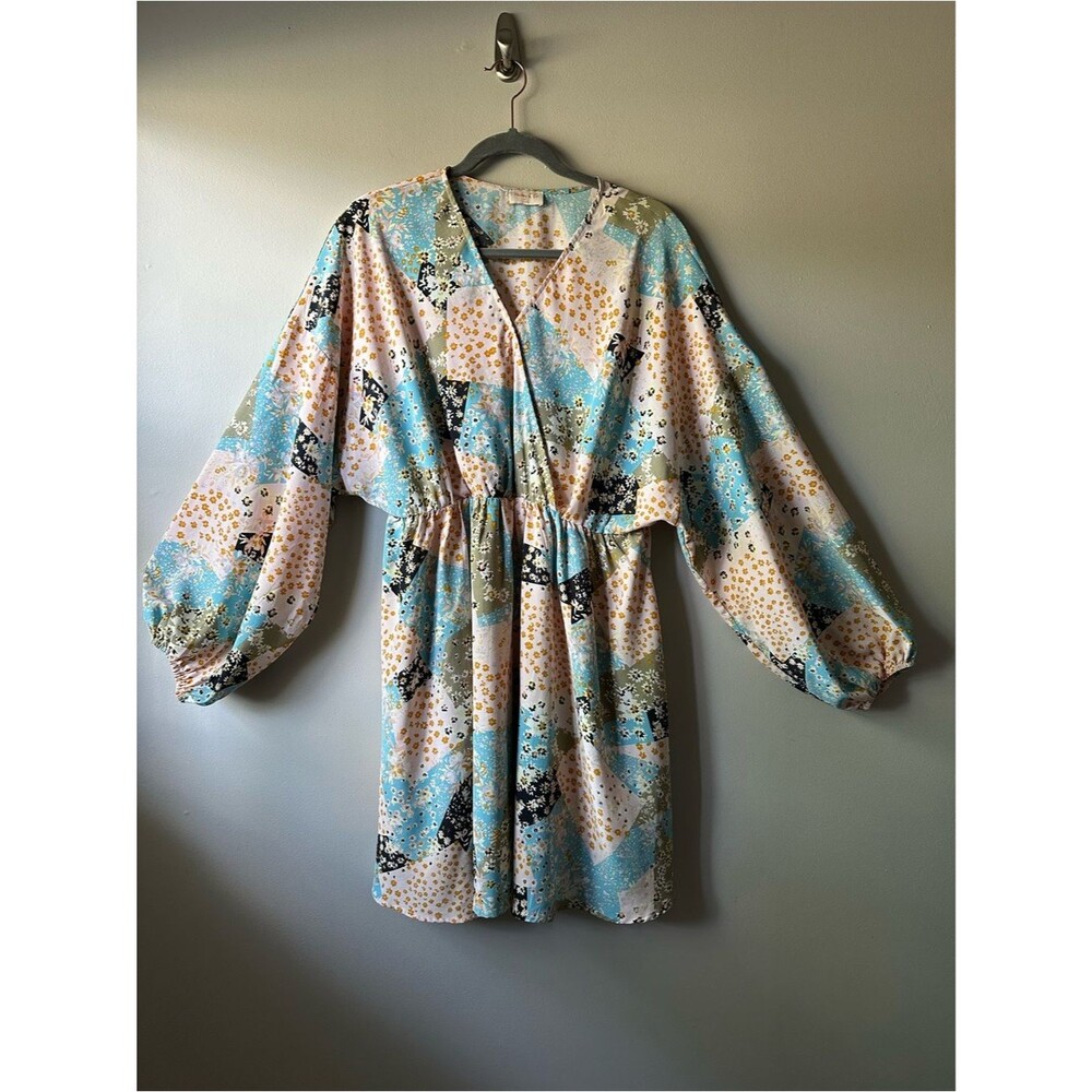 Hailey & Co. Pastel Patchwork Floral Printed Mini Dress Light Blue Peach Size L